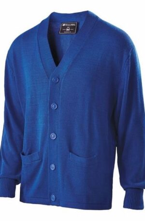 A bright blue, medium-sized V-neck cardigan with long sleeves, ribbed cuffs, two front pockets, and a five-button closure.