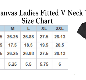 Size chart for Custom Sorority/School Inspired Shirt - Custom Ivy Shirt showing measurements in inches for sizes S, M, L, XL, and 2XL, alongside an image of the black V-neck tee.