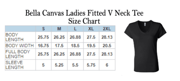 Size chart for Custom Sorority/School Inspired Shirt - Custom Ivy Shirt showing measurements in inches for sizes S, M, L, XL, and 2XL, alongside an image of the black V-neck tee.