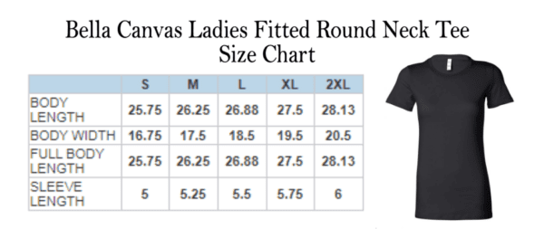 Custom Sorority/School Inspired Shirt - Custom Ivy Shirt Size Chart. Shows measurements for sizes S, M, L, XL, and 2XL. Includes body length, body width, full body length, and sleeve length. Black tee shown.