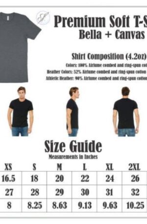 A size guide for Custom Sorority/School Inspired Shirt - Custom Ivy Shirt, detailing shirt composition and measurements in inches for sizes XS to 3XL, including width, length, and sleeve length.