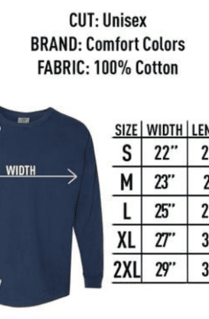 A navy blue long-sleeve shirt with size chart measurements including width, length, and fits sizes for S, M, L, XL, and 2XL. Shirt is unisex, made by "Custom Monogrammed Comfort Colors Unisex Adult French Terry Crew With Pocket" with 100% cotton fabric.