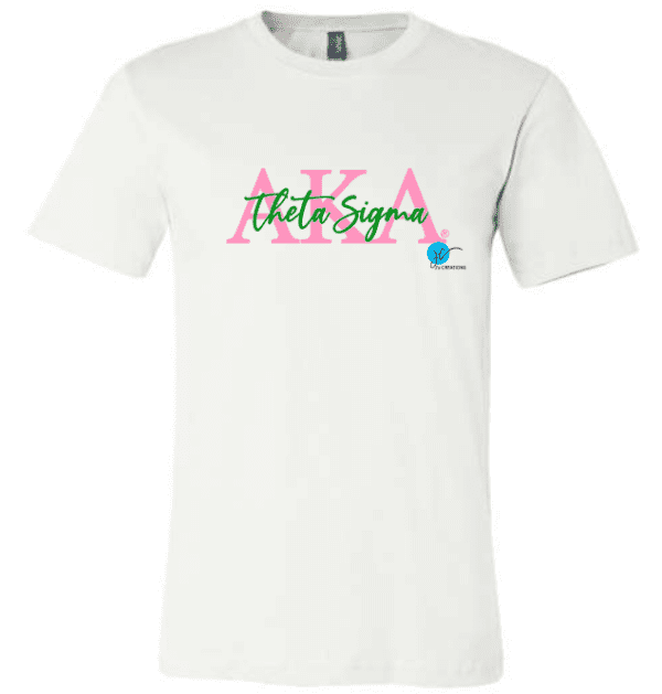 A white AKA Comfort Colors Unisex Sweatshirt with Chapter, Unisex Sweatshirt, Soror Sweatshirt, AKA Sweatshirt featuring "AKA Theta Sigma" text in pink and green, and a small blue butterfly graphic on the right side. Perfect for an Alpha Kappa Alpha Silver Star to showcase pride and elegance.