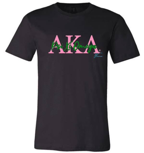 A black t-shirt with "AKA" in large pink letters and "Psi Xi Omega" in smaller green letters below it, this AKA Comfort Colors Unisex Sweatshirt with Chapter, Unisex Sweatshirt, Soror Sweatshirt, AKA Sweatshirt is perfect for showing your pride.