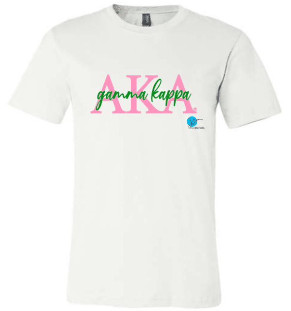 White t-shirt with "AKA gamma kappa" in pink and green text on the front, and a small blue logo on the right side. Ideal for any Alpha Kappa Alpha Silver Star Soror, this AKA Comfort Colors Unisex Sweatshirt with Chapter, Unisex Sweatshirt, Soror Sweatshirt, AKA Sweatshirt combines casual comfort with a touch of elegance.