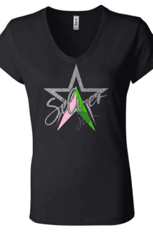 Silver Star Dolman Shirt featuring a large silver star with text overlay reading "Silver," accented with pink, green, and blue elements on the lower part of the design.