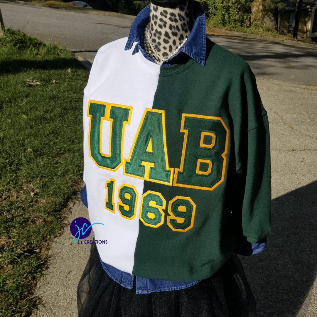 Embroidered UAB Blazers 1969 Half and Half Crew Neck Unisex Sweatshirt,  Custom Half and Half Crew Neck Sweatshirt, UAB Blazers - J's Creations -  The Custom Experience