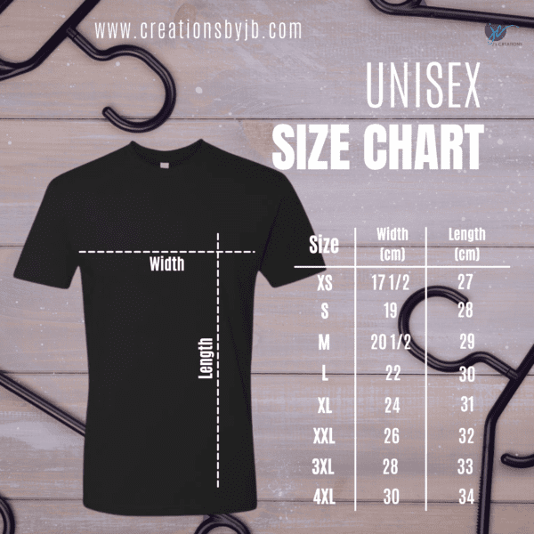 A black t-shirt with the size of it and its measurements.