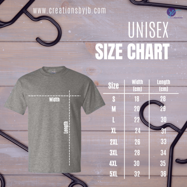 A t-shirt size chart with the measurements of each item.