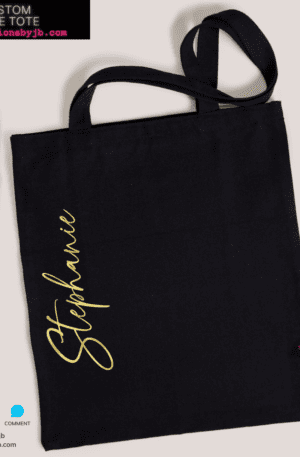 A black bag with gold lettering and name stephanie