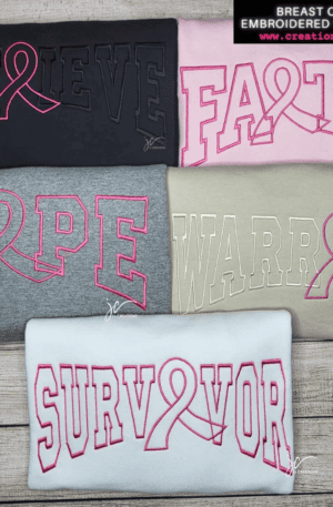 A group of breast cancer awareness shirts.