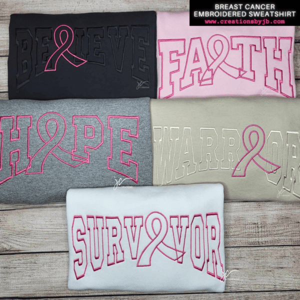 A group of breast cancer awareness shirts.