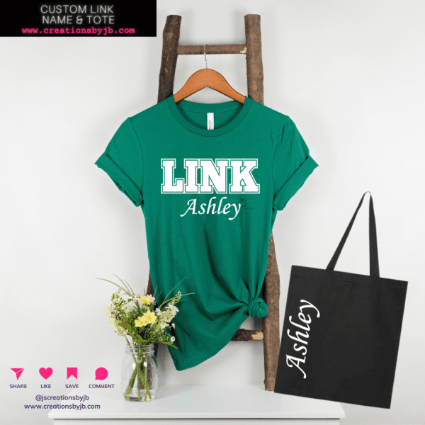 A green shirt that says link ashley on it.
