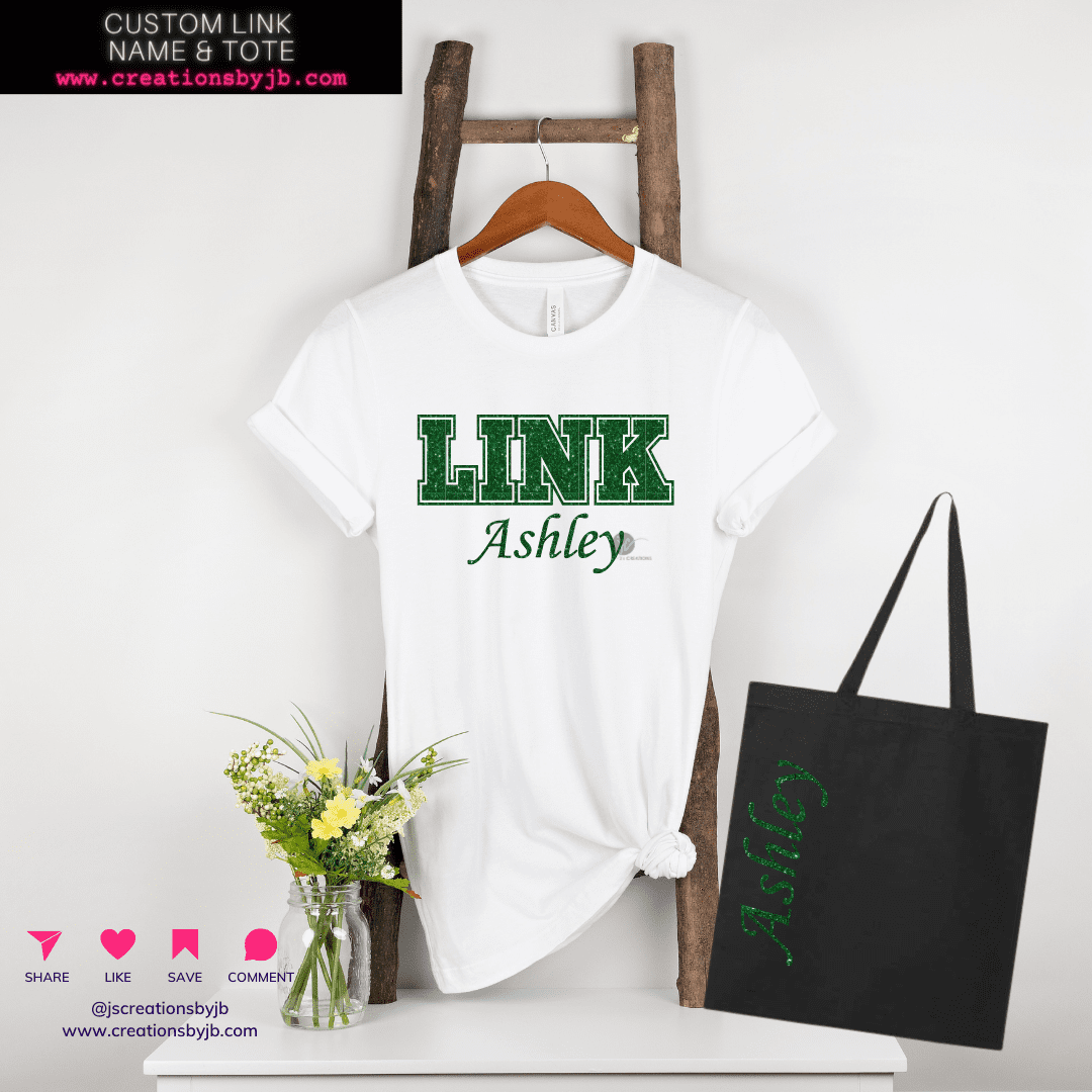 A white t-shirt that says link ashley.