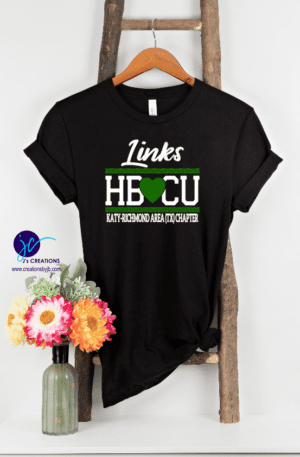A black t-shirt that says " links hbcu " on it.