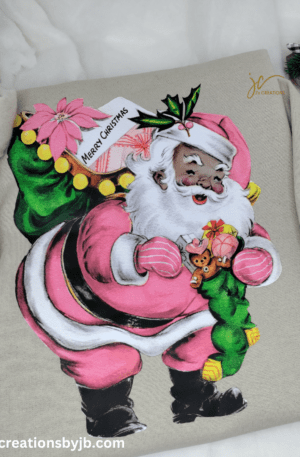 A painting of santa claus with pink and green outfit.