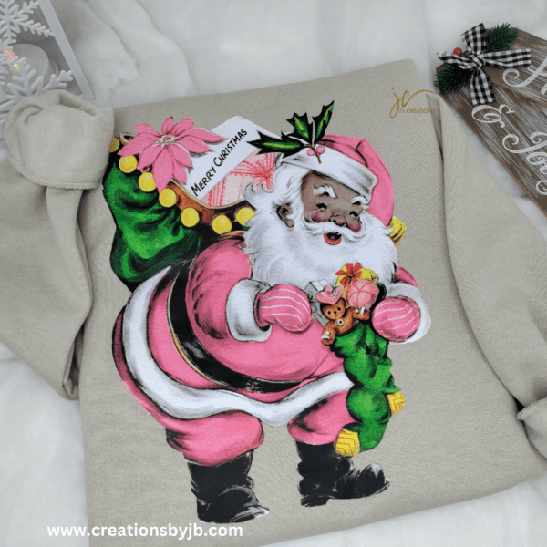 A painting of santa claus with pink and green outfit.