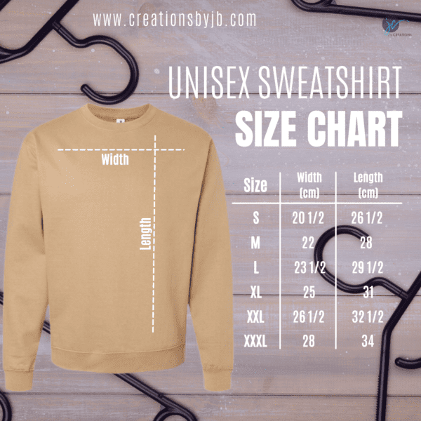 A sweatshirt size chart with the measurements of each item.