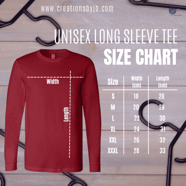 A long sleeve tee size chart with the length of it.