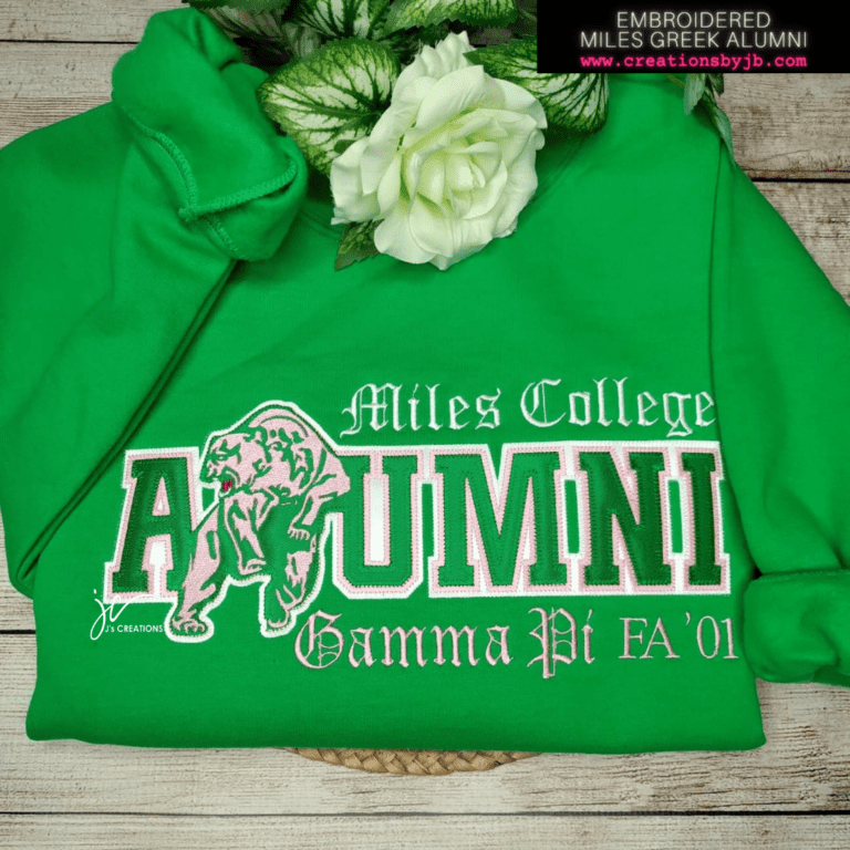 A green sweatshirt with the name of miles college and gamma pi alpha phi.
