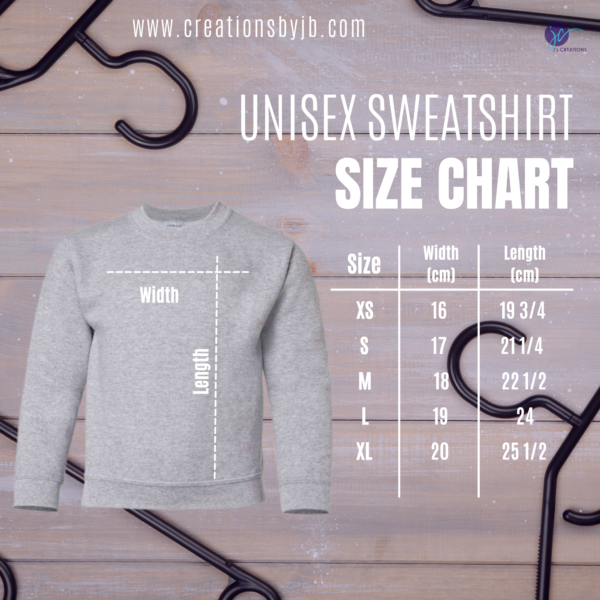 A sweatshirt size chart with the measurements of each item.