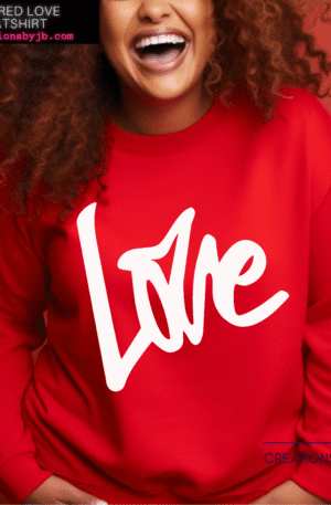 A woman wearing a red sweatshirt with the word love written on it.