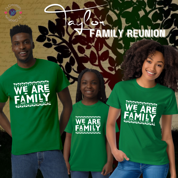 A family of three wearing green shirts.