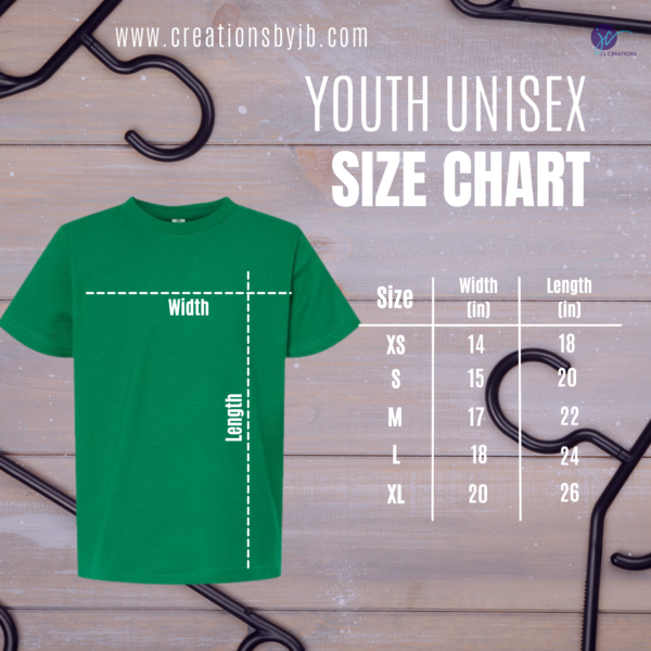 A youth size chart for the t-shirt.