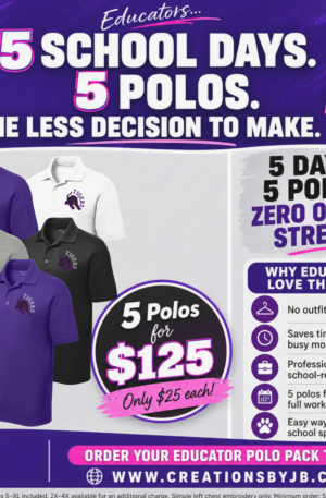 Educator Polo Pack | 5 Embroidered School Spirit Polos for $125
